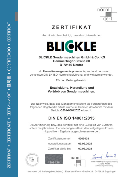 Blickle Werkzeuge: Zertifikat DIN EN ISO 14001:2015 (DE)