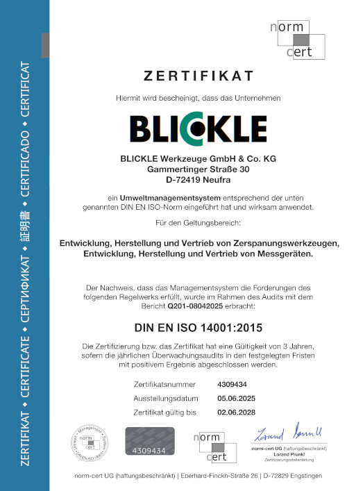Blickle Sondermaschinen: Zertifikat DIN EN ISO 14001:2015 (DE)