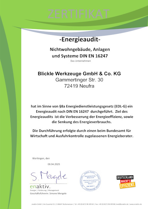 Blickle Werkzeuge: Zertifikat Energieaudit